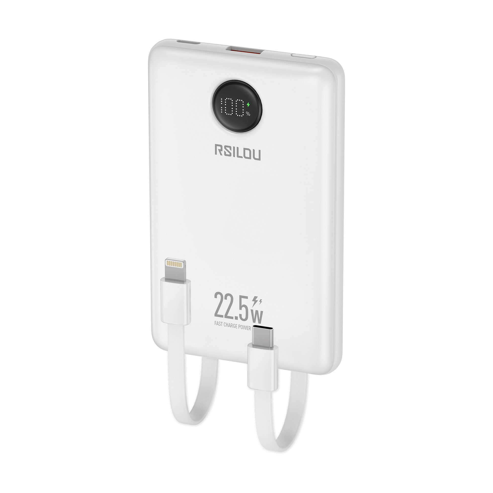 Rsilou R1023-002 power bank Capacity 10000mAh, 22.5W PD Fast Charging, 38.5 Total Max Output Power, Multi-Device Compatibility, Digital Display, Type-C and USB-A Output Built-in Dual Cables | 12 month local warranty