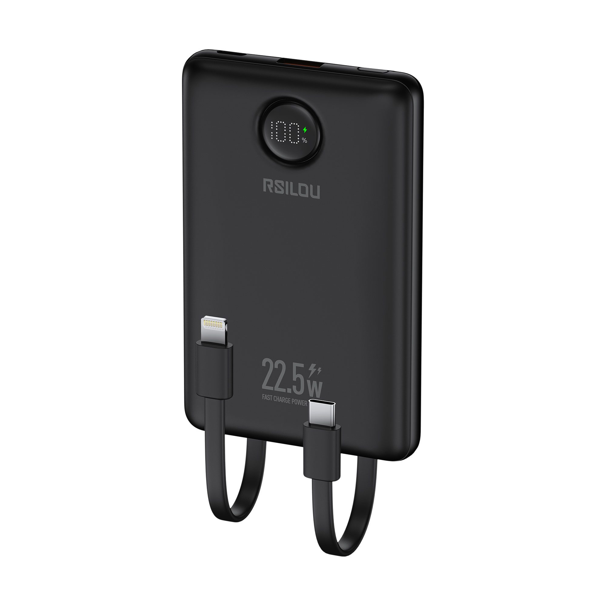 Rsilou R1023-001 power bank Capacity 10000mAh, 22.5W PD Fast Charging, 38.5 Total Max Output Power, Multi-Device Compatibility, Digital Display, Type-C and USB-A Output Built-in Dual Cables | 12 month local warranty